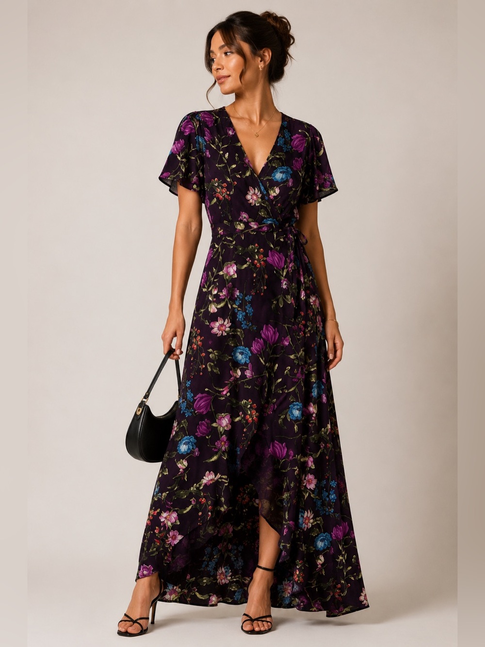 Chic Plum and Pink Floral Flutter Sleeve Maxi Wrap Dress XS